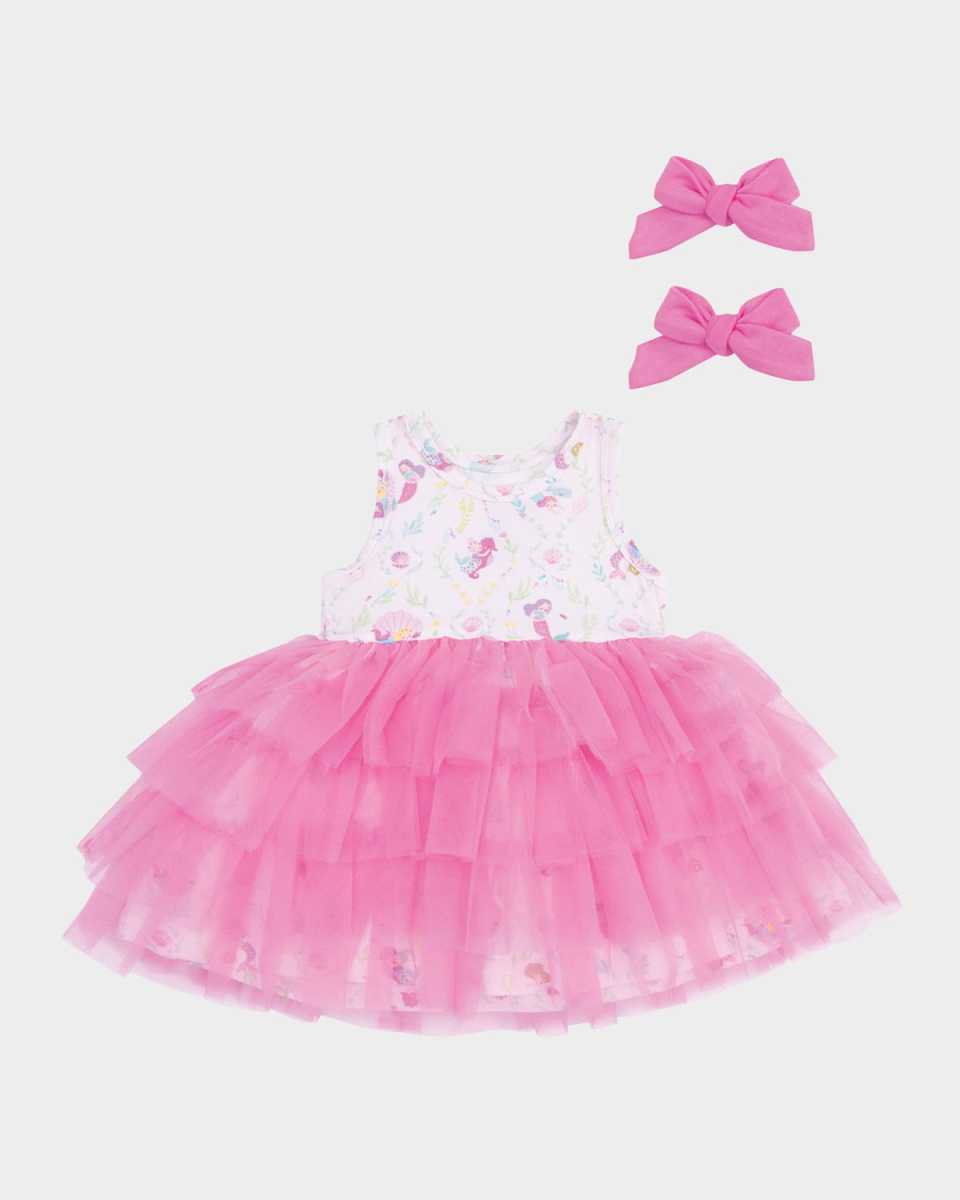 Girl's Mermaids-Print Twirly Sleeveless Tutu Dress with Hair Bows, Size 6M-3